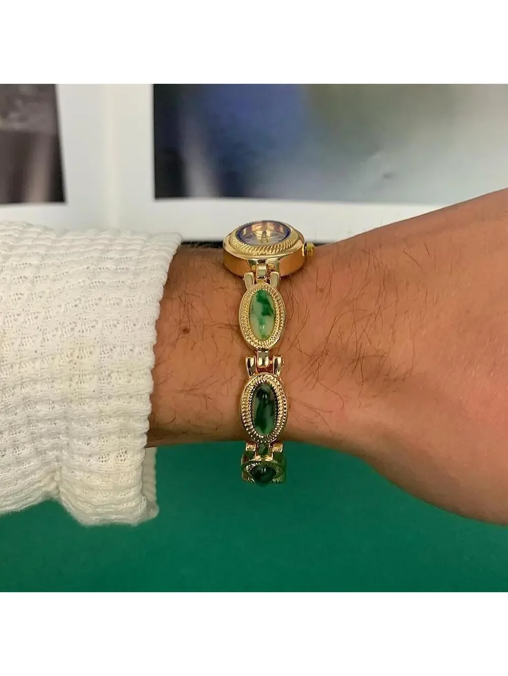 Y2k style Dainty cute Gold style tone quartz watch with green jade stone opal ac
